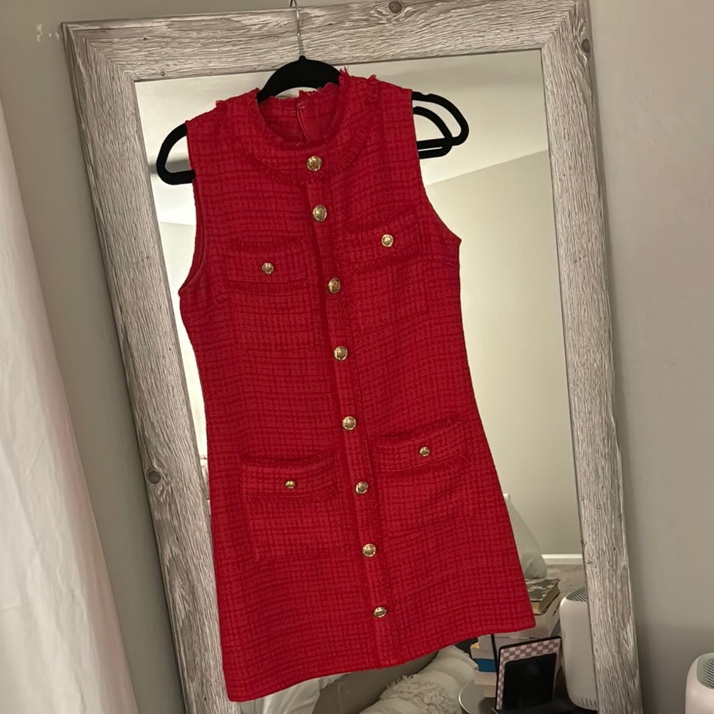 Petal & Pup Red Tweed Mini Dress with Gold Buttons